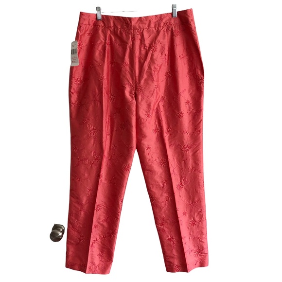 NEW Stunning Coral Silk Shantung Floral Embroidered Beaded Pants 14 - Picture 11 of 12